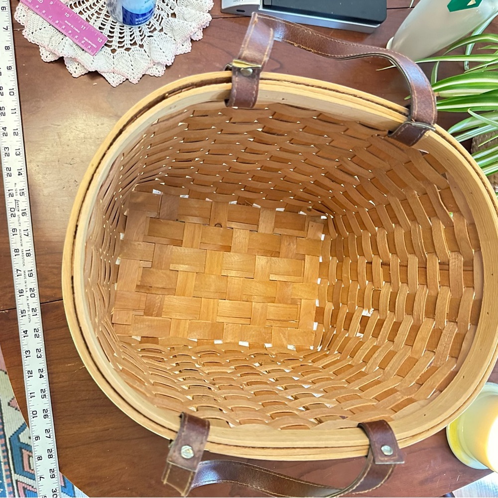 Boardwalk-Style Woven Split Wood Basket w/ Faux Leather Handles | 11” Deep - Picture 8 of 9